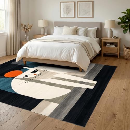 6'x9' Black White Cat Artistic Feline Design Ultra-Soft Area Rug