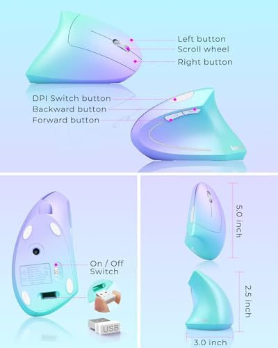 Lekvey Ergonomic Mouse, Rechargeable Vertical Wireless Mouse, Green Purple