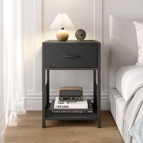 YAUKOMEL Nightstand Set of 2 with Fabric Drawer, Black Bedside Table