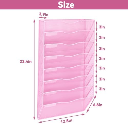 8 Pockets Mesh Wall File Holder Organizer Office Hanging File Folder Magazine Rack, Nametag Label Hooks Set Included (Pink)