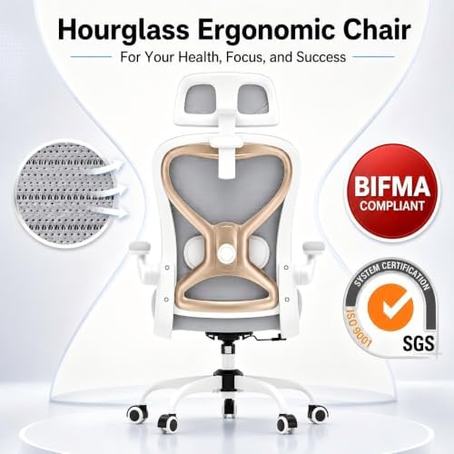 Ergonomic Office Chair for Long Hours and Back Pain Relief, Space-Saving Design with Adjustable Lumbar Support, Flip-Up Arms, 3D Headrest, Tilt & Rock, 330 LBS, Gray/Gold