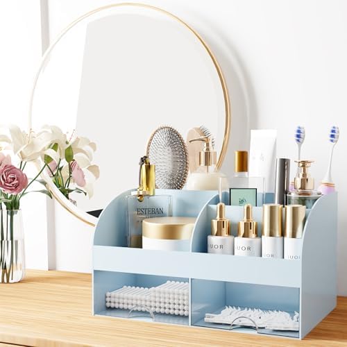 Makeup Organizer with Drawers, Cosmetic Storage for Dresser Vanity and Bathroom Countertop, Beauty Holder for Lipstick Brush, Skincare Organizer for Vanity, Cosmetic Display Case (Blue)