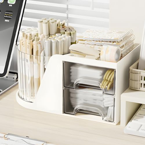 360 Degree Rotating Pencil Pen Holder for Desk , Cute Desk Pen Organizers Desktop Storage Stationery Supplies Cup Pot for Office School Home Art Supply Accessories Caddy Makeup Brush Holder White