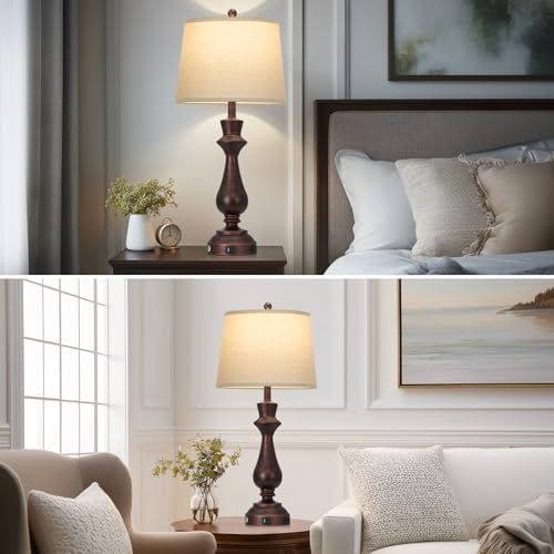 Vintage Table Lamp for Living Room,30" Tall Bedside Lamp with USB Charging Port,3-Way Dimmable Touch Nightstand Lamp for Bedroom Desk Side Table Office,Brown-1P