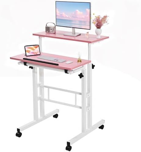 VECELO Small Mobile Standing Desk 24 Inch, Adjustable Height Portable Stand Up Desk with Wheels Computer Workstations, Rolling Laptop Cart, Pink