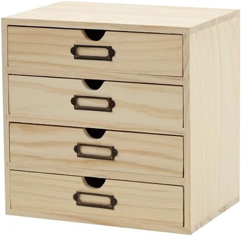 DIY Wooden Desk Organizer with Drawers – Unfinished 4-Drawer Desktop Storage Box – Personalizable Wood Desk Organizer for Crafts, Office, or Home – Compact Wooden Storage Drawers Ready to Decorate