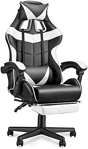 Huracan Gaming Chair with Footrest, Ergonomic Computer Chair Lumbar Support, Adjustable High Back Recliner for Adults, Racing Style Video Gaming Chairs, for Home Office Streaming, White