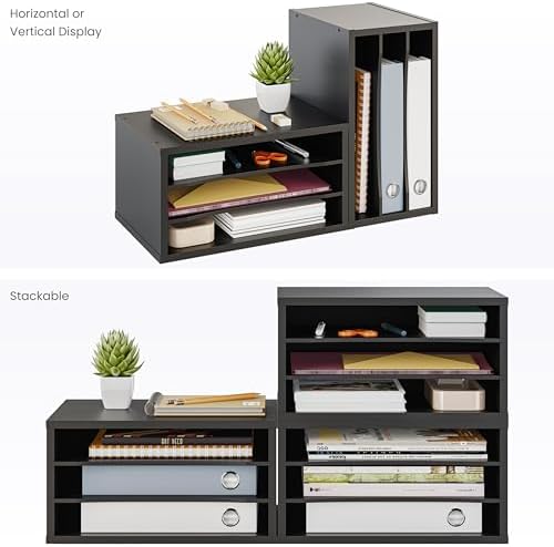 Ballucci File Organizer, 3-Tier Document Paper Sorter, Stackable Wood Desk Organizer, Mail Sorter and Monitor Stand with Storage Shelves, Black
