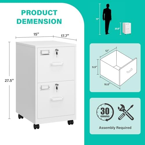 SISESOL 2 Drawer File Cabinet with Lock and Wheels,White Rolling File Cabinets,Locking Mobile Metal Filing Cabinet for Home Office,Under Desk,Fit A4/Letter/Legal File, Easy Assembly
