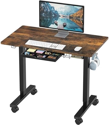 SHW Mobile Electric Height Adjustable Standing Desk w/Drawer, Rustic Brown