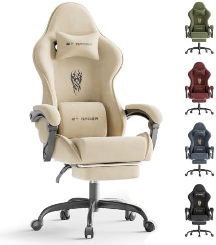 Ferghana Ergonomic Velvet Fabric Gaming Chair with Embroidery Fire, Massage Lumbar Support & Retractable Footrest, Reclining Racing Computer Office Desk Chair for Adults, Beige