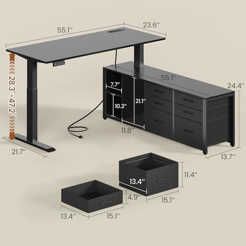 SEDETA L Shaped Electric Standing Desk with 6 Fabric Drawers, 55" x 55" Height Adjustable Office Executive Desk with Storage Shelves, Stand up Computer Desk with Power Outlet (Black)