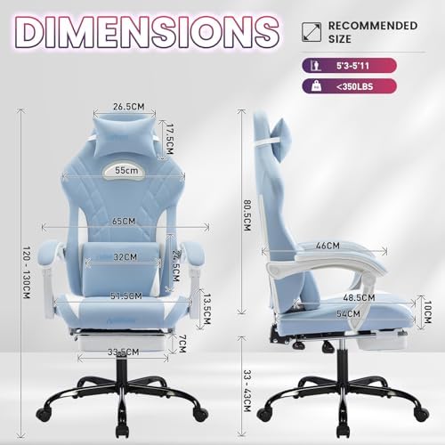 Gaming Chair with Footrest and Massage Lumbar Support, Ergonomic Computer Gamer Chair, Office Video Game Chairs (Cyan White)