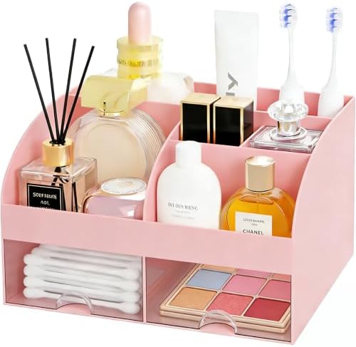 Makeup Organizer with 2 Drawers, Cosmetic Storage for Dresser Vanity and Bathroom Countertop,Make up organization and Skincare Storage with Beauty Brush Holder, Cosmetic Display Case (Pink)