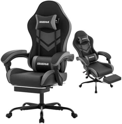 Gaming Chair with Footrest & Massage Lumbar Support, PU Leather Ergonomic High Back Swivel Height Adjustable Chair for Adults, Office Gaming, 300 lbs (Black Grey)
