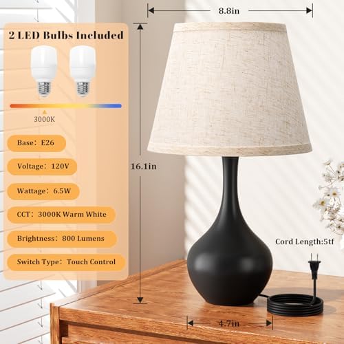 16.1" Touch Table Lamp for Nightstand, Dimmable Small Bedroom Lamp Set of 2