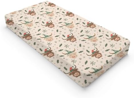Christmas Highland Cow Winter Holiday Snowflakes Pattern Baby Changing Pad Cover, Unisex Christmas Nursery Diaper Changing Table Pad Mat Sheet for Boys Girls-16x32
