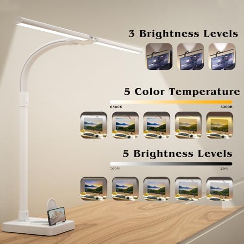 AKRRYR Led Desk Lamp for Home Office,24W Bright Eye-Caring Desk Light with Base,5 Brightness and 5 temperatures Dimmable Workbench Task Light, Adjustable Gooseneck Table Lamp for Monitor(White)