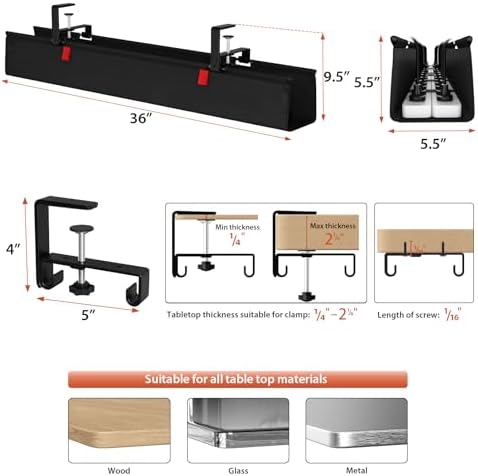 Univivi No Drill Under Desk Cable Management Tray, 36 inch Cable Management