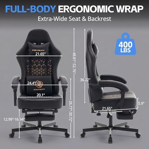 Gaming Chair Breathable Leather with Pocket Spring Cushion, Wide and High Ergonomic Office Chair with Headrest, Computer Gaming Chair with Footrest for Adult and Teen (Black)