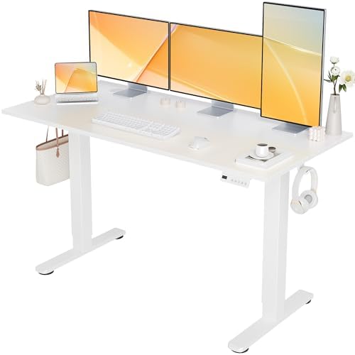 Seang Electric Standing Desk Adjustable Height, 55 x 24 Inch Sit Stand Desk with T-Shaped Frame, 3 Memory Presets & Cable Management for Home Office Computer Workstation, White Frame/White Top
