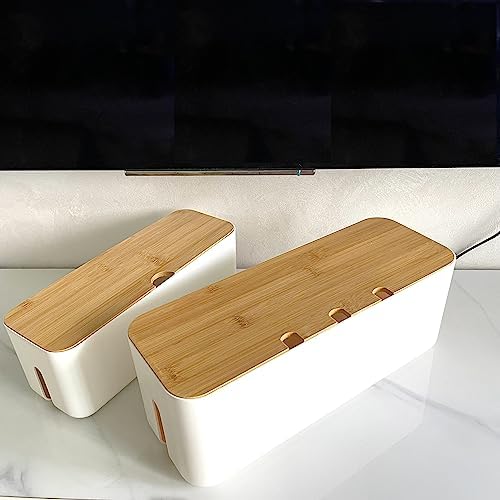 Cable Management Box with Bamboo Lid, Power Strip Organizer, White 2PCS