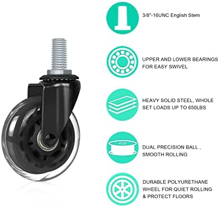 Hirate 3 inch Office Chair Casters Wheel with 3/8"-16UNC Threaded Stem