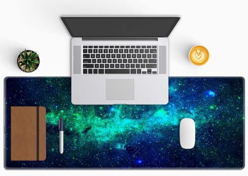 Desk Mat Blue Green Stars Nebulae Large Keyboard Mouse Pad for Laptop PC Setup Desk Cover Protector Desk DéCor for Office Home Work Gaming 31.5" X 11.8" Stitched Edge Non-Slip Design