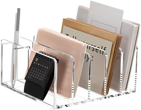 Acrylic Mail Sorter Desk Organizer with Pen Holder, 5 Compartments Clear