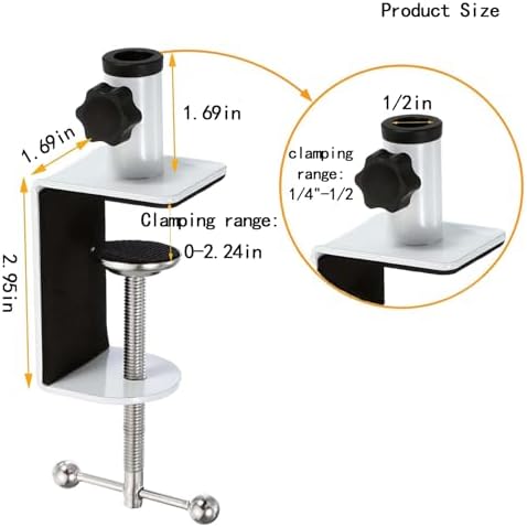 Desk C-Clamp with 1/2" Thread Hole, C Clamp for Microphone Stand, Adjustable Metal Table Clamp on Desk Lamp, Black Desk Lamp Clamp for Swing Arm Magnifying (1, White)