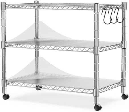 Heavy Duty 3-Shelf Shelving Unit, 24.02" W x 13.78" D x 21.97" H Chrome Steel Storage Rack with Wheels, 2 PP Shelf Liners and Hooks, Adjustable Under Desk Organizer for Kitchen, Office, Garage