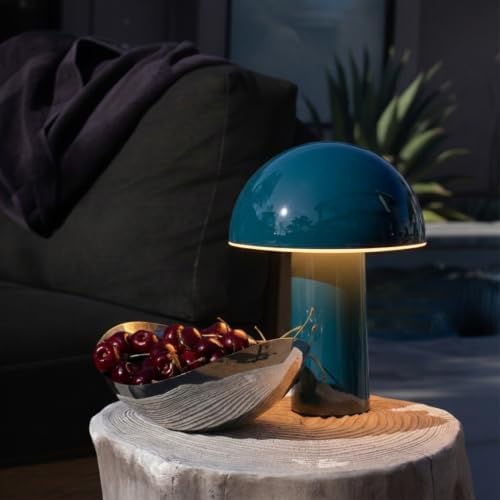 Brightech Celia Small Table Lamp – 10" Touch-Controlled Mushroom Accent Lamp, Cordless & Dimmable LED, Portable Bedside Night Light, Sustainable Light, Recycled Modern Patio Lamp for Home Décor – Teal