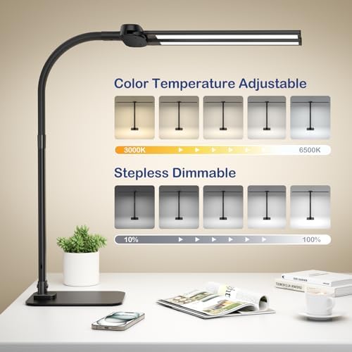 24W LED Desk Lamp for Home Office, 1500lm Dual Head Task Light with Remote