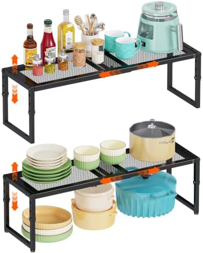 2 Pack Expandable Kitchen Cabinet Shelf Organizer, 15.5"-25.5" Long Adjustable Storage Shelves Organizers for Kitchen Countertop Pantry Cupboard Table Desk Counter, Stackable, 30LBS Load Capacity