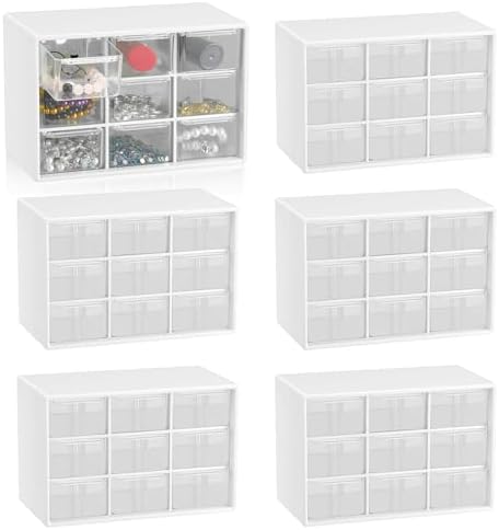 6 Pcs Small Drawer Organizer for Desk, Mini Desktop Drawer Organizer with 9 Clear Drawers, Plastic Desktop Craft Storage Box for Desk Office School Home 7.1" x 3. 8" x 4.6" (White)
