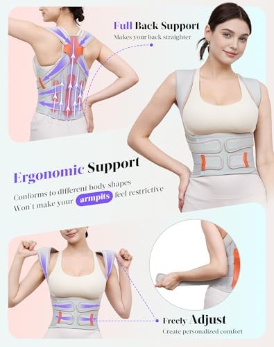 Posture Corrector for Women and Men, Full Back Support Brace, Gray, Large
