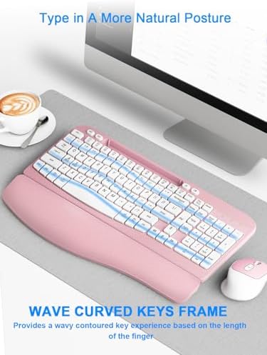 Hayyiesh Ergonomic Wave Keys Wireless Keyboard and Mouse Combo, Full Size with Memory Foam Wrist Rest & Phone Holder, 2.4G Cordless Set with USB-C Adapter for Windows Mac Desktop Laptop (Pink)