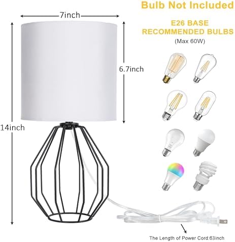 Small Table Lamp Set of 2 Black, Bedside Lamps with Metal Cage & Linen Lampshade, Cute Desk Lamps for Nightstand, Bedroom, Kids Room, Office