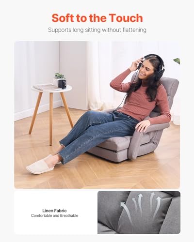 VEVOR Floor Chair, Floor Gaming Chair with 5 Adjustable Position and Back Support, Folding Lounge Chair with Armrest for Adults, Sofa Lounger with Comfy Cushion for Living Room and Bedroom, Gray