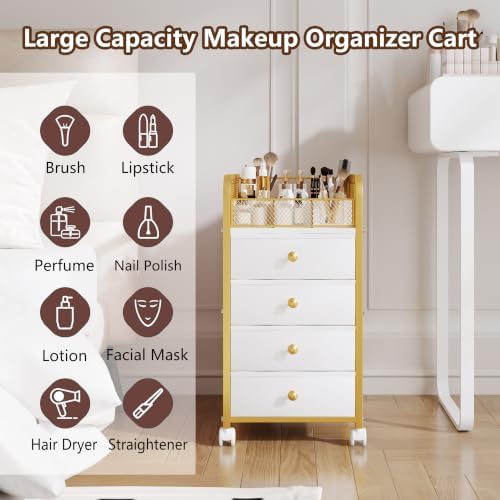 Rolling Makeup Organizer Cart, Under Desk Storage Cart with 4 Drawers