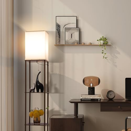 Gupuzm Floor Lamp with Shelves, Modern Square Standing Lamp with 3 Color Temperature Bulb, Corner Display Bookshelf Lamp for Living Room, Bedroom and Office(Brown-2 Pack)