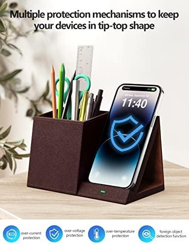Pen Holder with Wireless Charger, Compatible with iPhone 17/16/15/14/13/12/11/8 Series, Pencil Holder Phone Stand for Desk Home Office, Men Gift Husband Wife Anniversary Dad Birthday Idea Gadget
