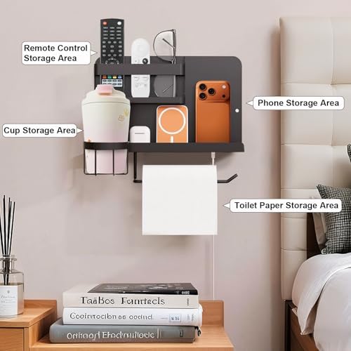 Bcareself Bedside Wall Organizer, Floating Bedside Shelf Wall Mount, Dorm Room Essentials, Remote Control Holder, Dorm Decor Organization and Storage Cool Teen Girls Trendy Stuff (Black)