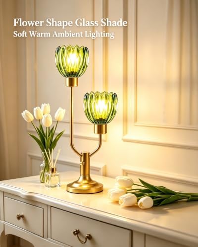 Lightdot Green Glass Flower Table Lamp for Living Room Dimmable Gift