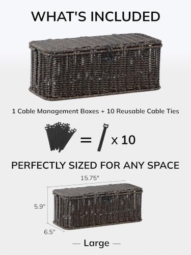 Cable Management Box, Cord Organizer with Lid & Cable Ties - Black, L