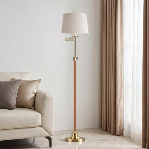 Vintage Floor Lamp for living room, Walnut Gold Farmhouse Standing Lamp with 350° Swivel Swing Arm, 56.6''-66'' Mid Century Modern Height Adjustable Tall Lamp for Bedroom Office(LED Bulb Included)