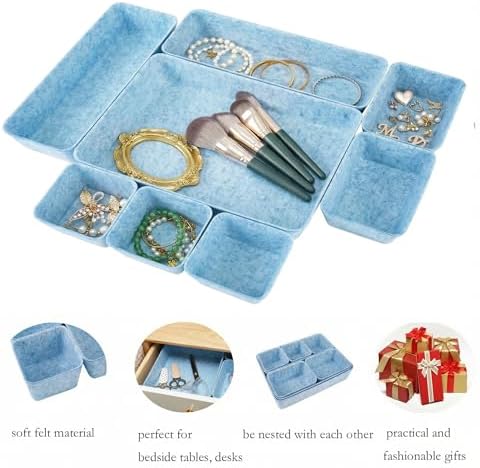 Felt Desk Drawer Organizer, 8pcs Shallow Storage Trays Bins, Office Accessories Box Inserts College Jewelry & Makeup Boxes Containers(Blue)