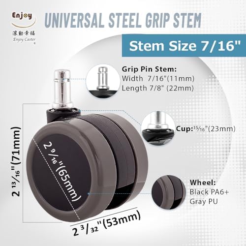 Enjoy Caster | 2.5 Inch Office Chair Casters for Herman Miller Aeron Steelcase Leap Chair | Dual Injection Polyurethane Wheels for Hardwood Floors | Universal Stem Size 7/16" Chairs (6506BUDG-23)