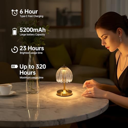 Shenmoyl Set of 2 Tulip Table Lamp with 5200mAh Battery & Touch Control, Cordless Small Table Lamp with 3 Colors, Rechargeable Battery Operated Table Lamps for Nightstand, Bedroom (Transparent Tulip)