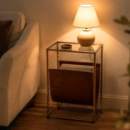Narrow Side Table with Leather Storage Holder Gold End Table